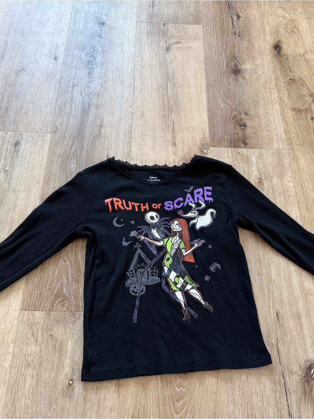 Disney Nightmare Before Christmas Jack & Sally Lace Trim Long-Sleeve Graphic Top